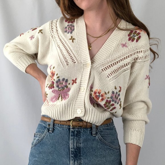 Vintage Sweaters - Vintage Cottagecore Oversized Open Cable Knit Crop Cardigan Sweater Boho Floral